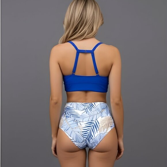 Blue  Print High Waisted 2pc Bikini Swimsuit Bathing Suit - Picture 4 of 9